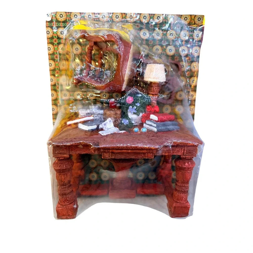 Vintage Miniature Library Desk Diorama Resin Figurine with‎ Chair and Books NIB